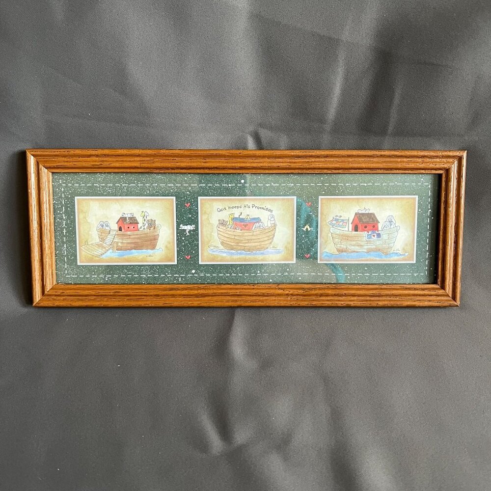 Noahs Ark "God Keeps His Promises" Framed Art Print With Wooden Frame 3 Panels 1